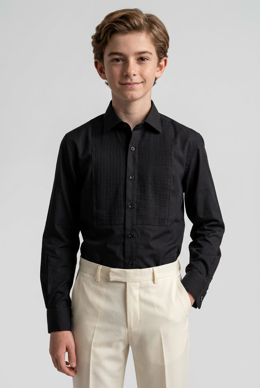 Boys Cotton Wing Collar Pleated Cufflink Shirt  - Black