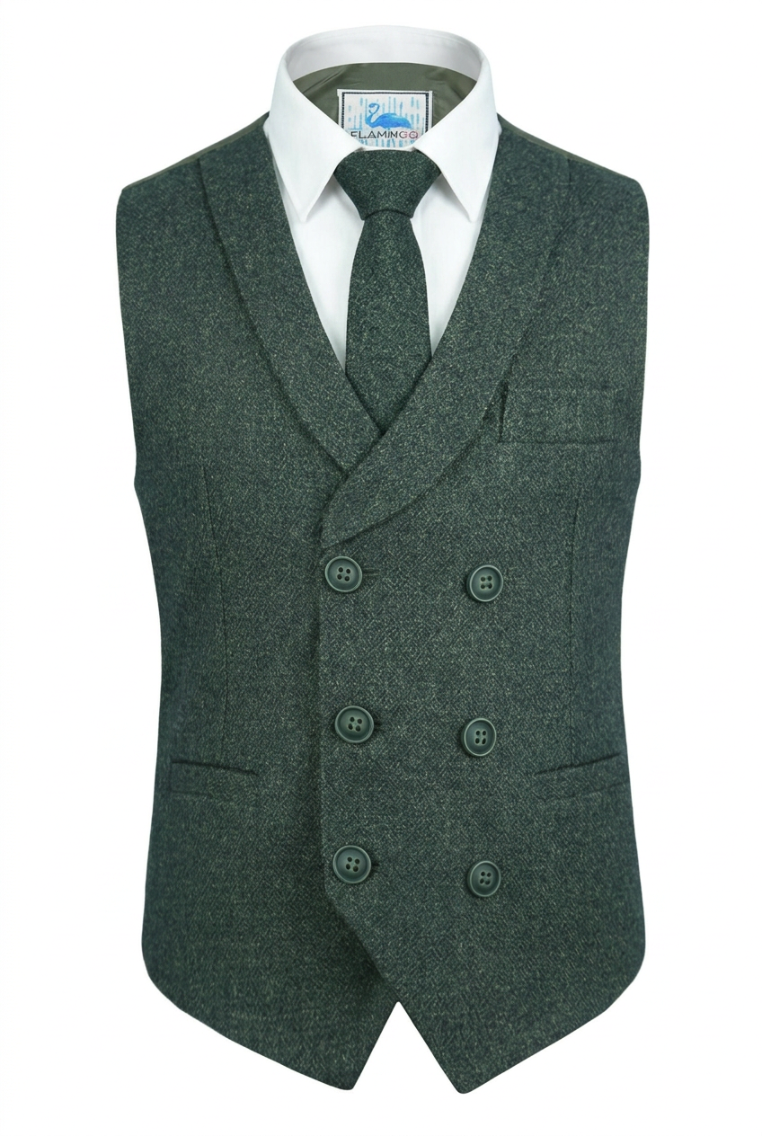 Men's and Boys Herringbone Tweed Double-breasted Waistcoat - ALPINI - Green