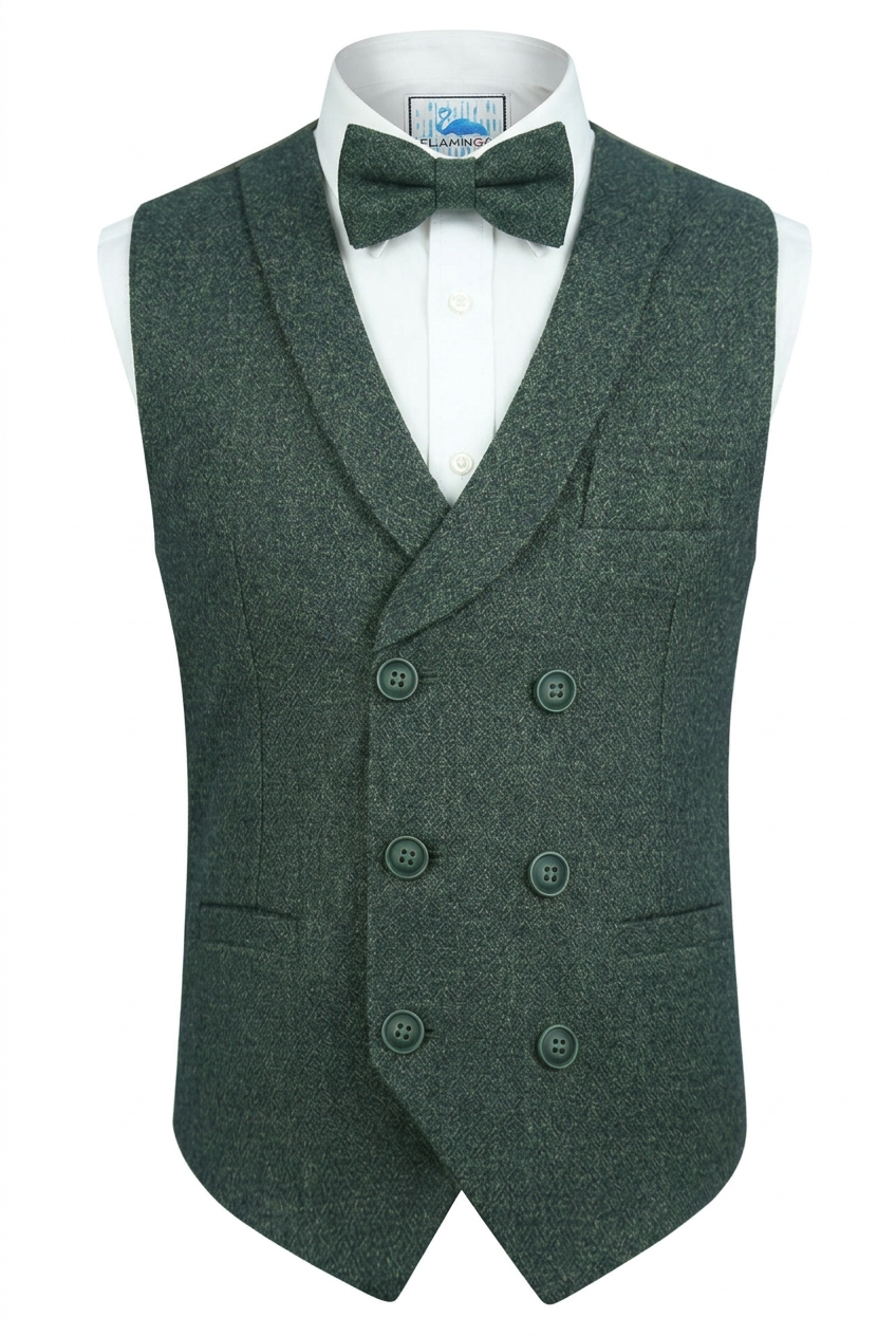 Men's and Boys Herringbone Tweed Double-breasted Waistcoat - ALPINI - Green