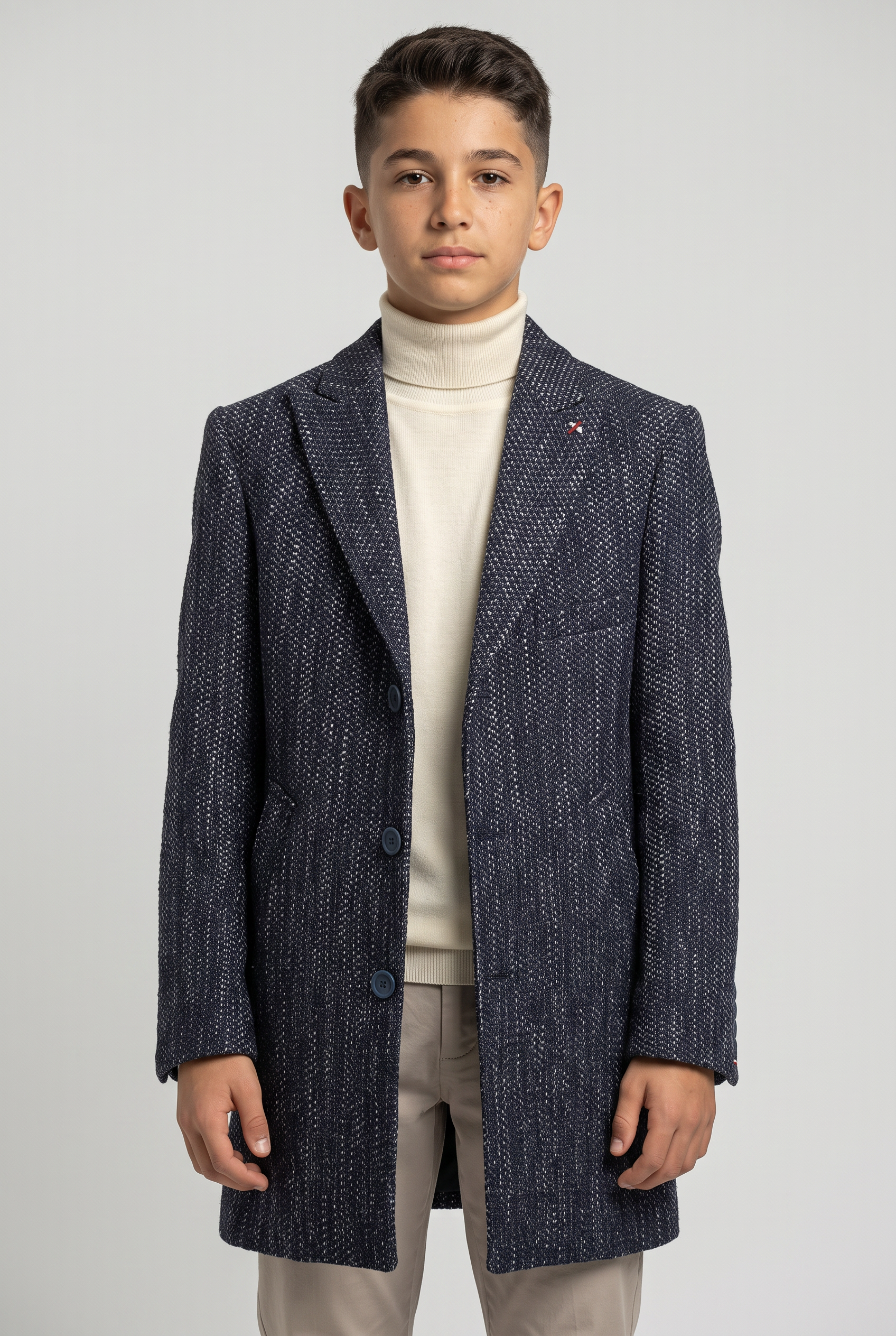 Boys Navy Grey Textured Tweed Blazer