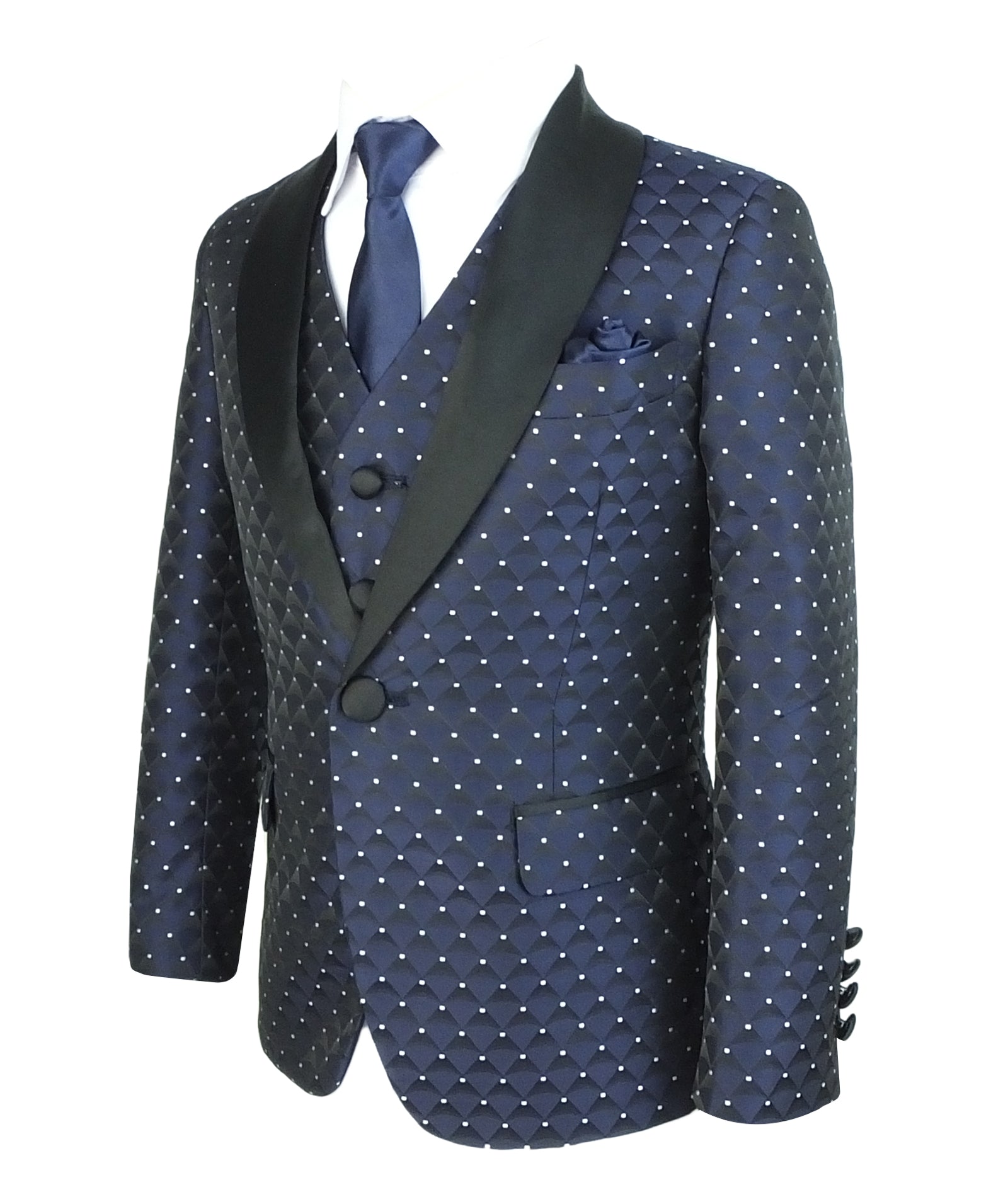 Boys Quilted Dotted Black Tuxedo Suit - Black