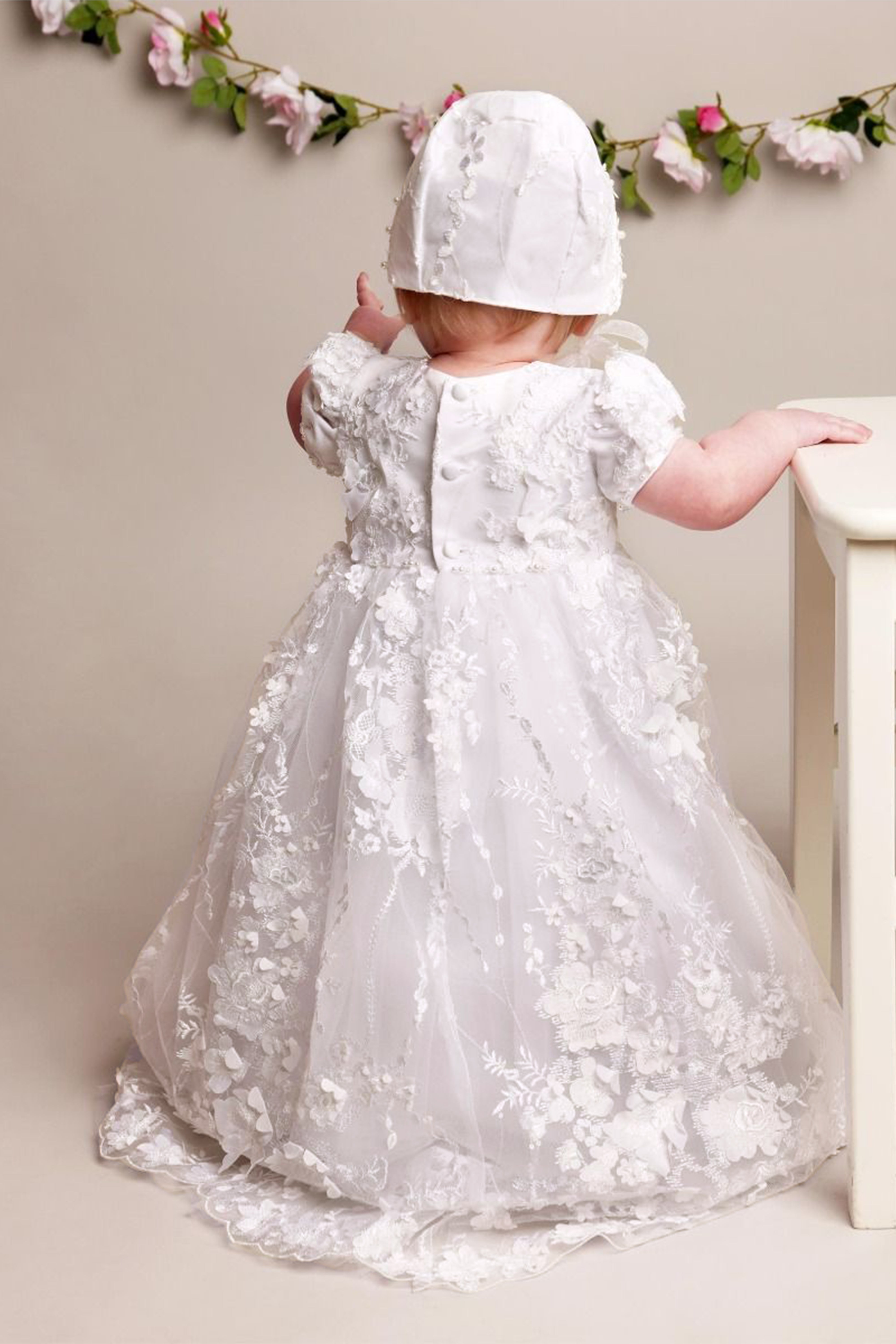 Baby Girls Lace Heirloom Christening Gown & Bonnet - RACHEAL - Off white