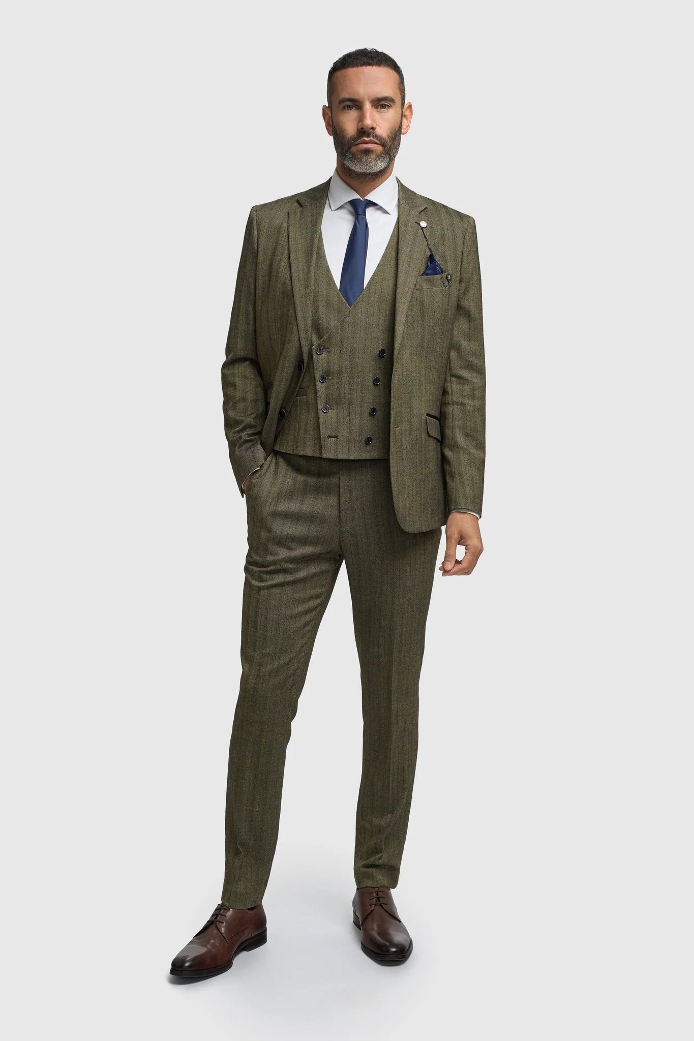 Men’s 3-Piece Herringbone Formal Suit - Damon - Sage Green