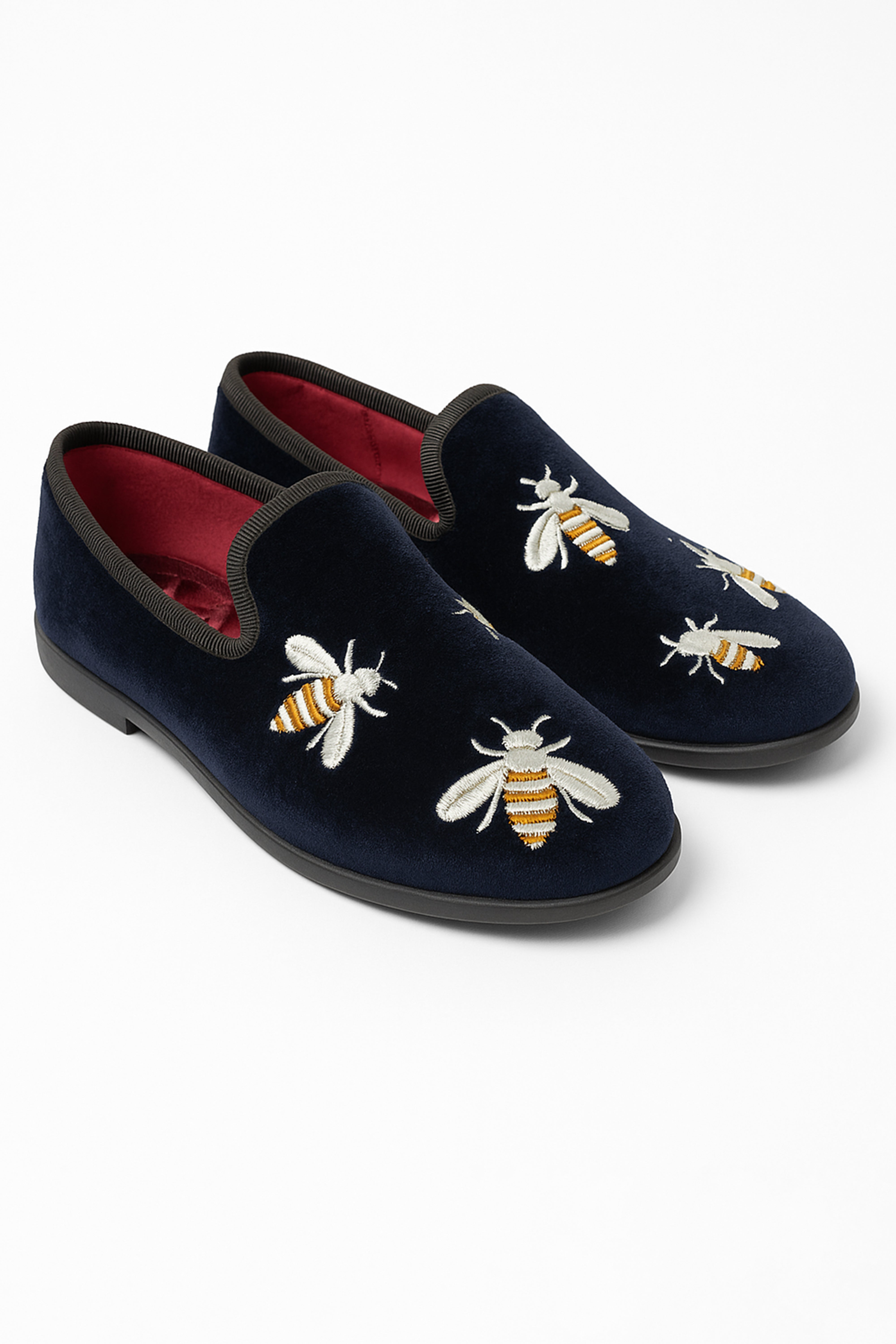 Boys Velvet Bee Embroidered Slip On Loafers - Navy Blue